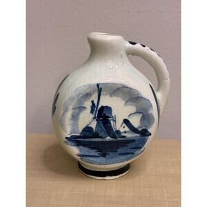 Hand Painted Blue & White Pottery Jug – Windmill Motif – Signed Delft, 1993